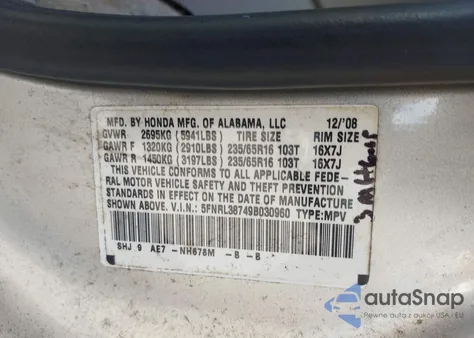 2009 Honda Odyssey Ex-L from USA, damaged, VIN 5FNRL38749B030960